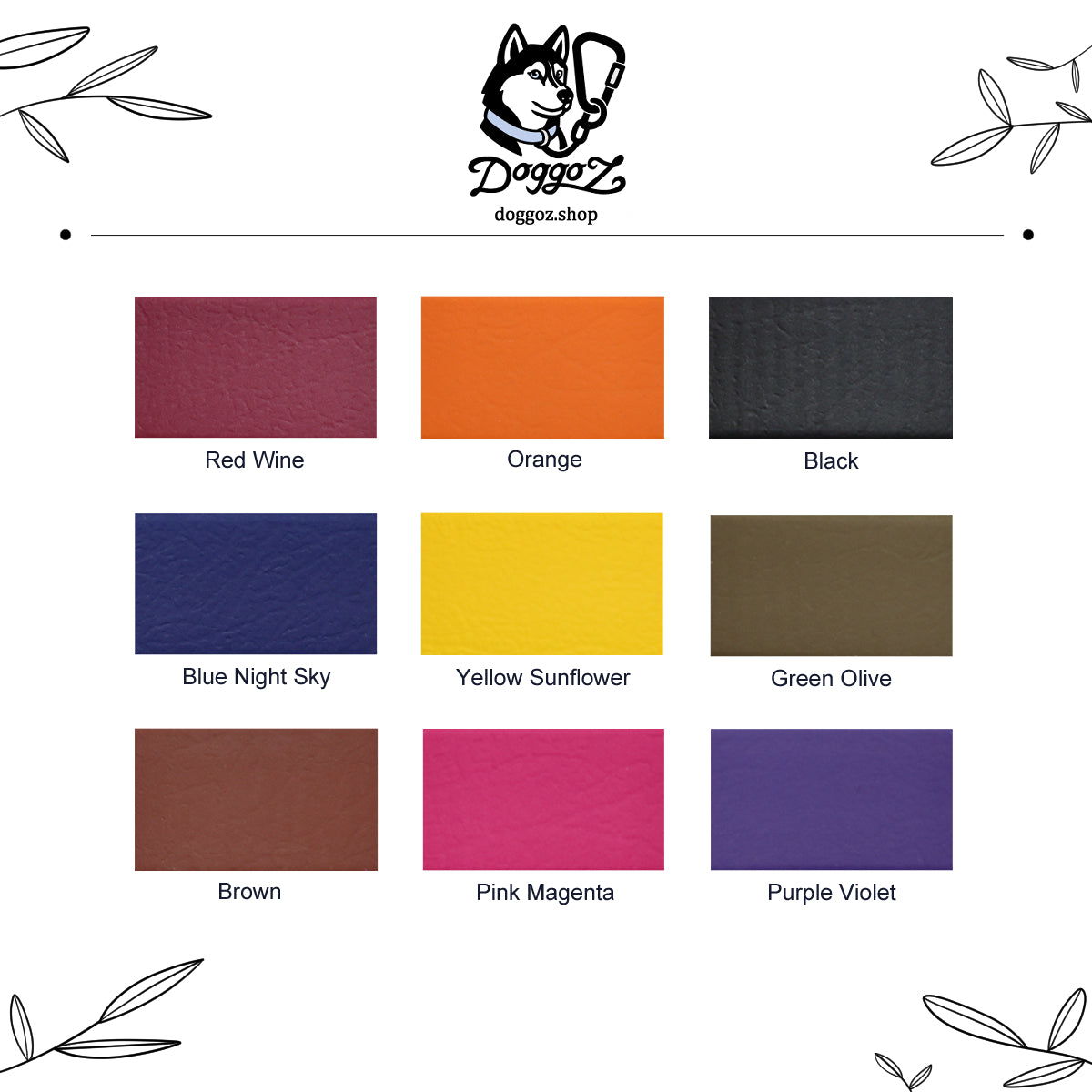 DoggoZ.shop custom BioThane dog leash color chart featuring 9 vibrant colors: Red Wine, Orange, Black, Blue Night Sky, Yellow Sunflower, Green Olive, Brown, Pink Magenta, and Purple Violet. High-quality handmade dog training gear.